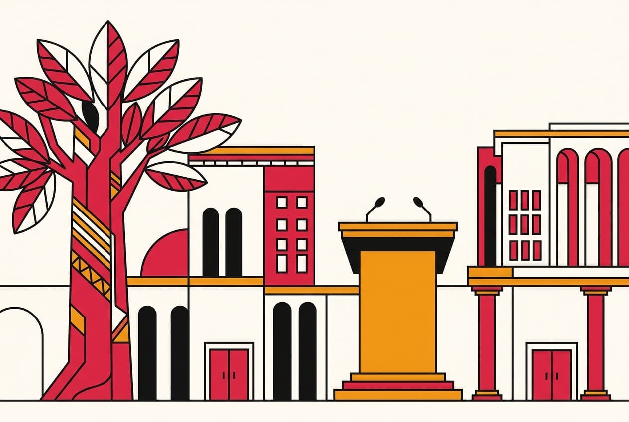 Planche d'illustration : hévéa, ministère des affaires étrangères, centre de conférence, scène internationale