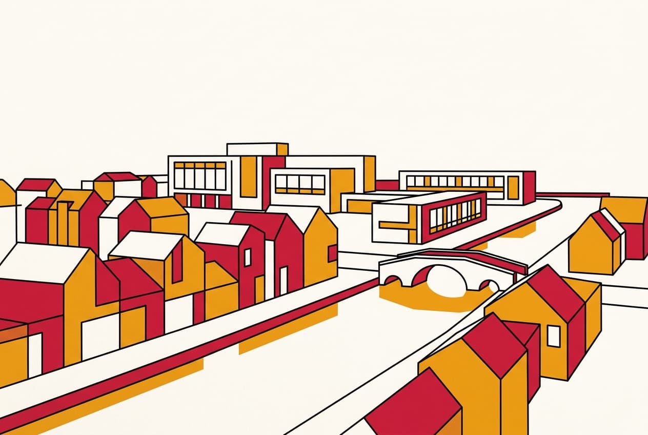 Illustration : salles de classe, communauté, canal, logements, bâtiments scolaires