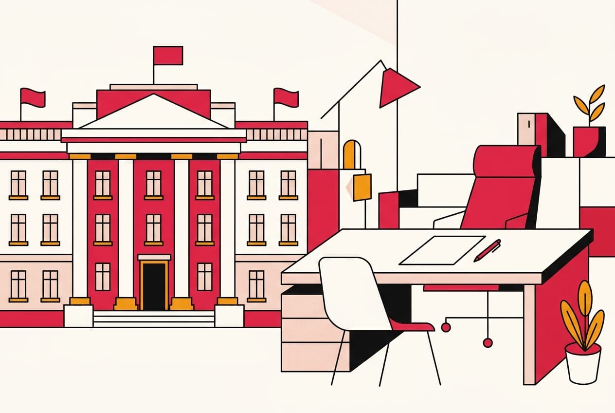 Illustration : un ministère, un bureau, une table, une chaise, un document, un stylo