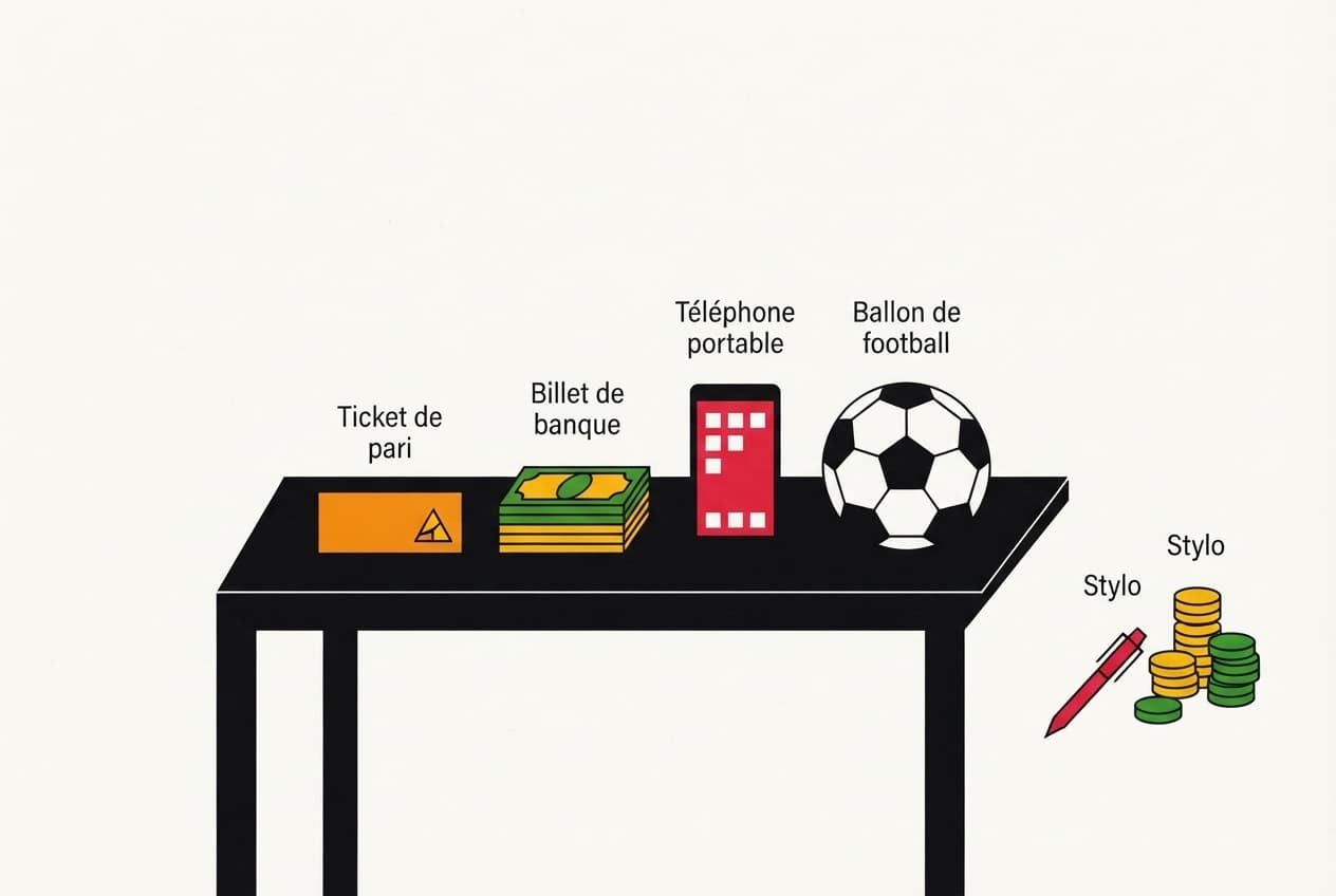 Illustration plate : Ticket de pari, Billet de banque, Téléphone portable, Ballon de football, Table, Stylo