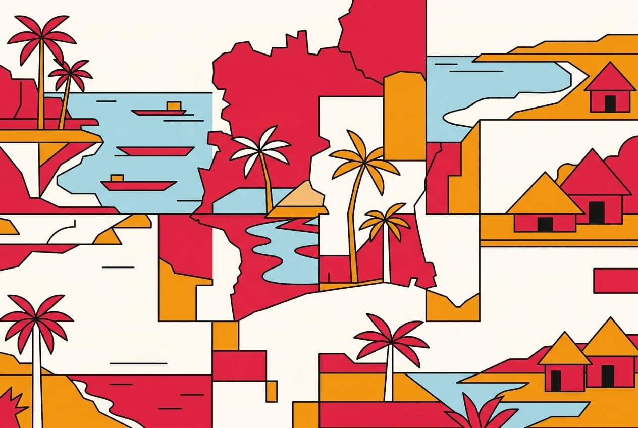 Illustration plate : Fragments d'une carte de la Côte d'Ivoire, dispersés et non assemblés.