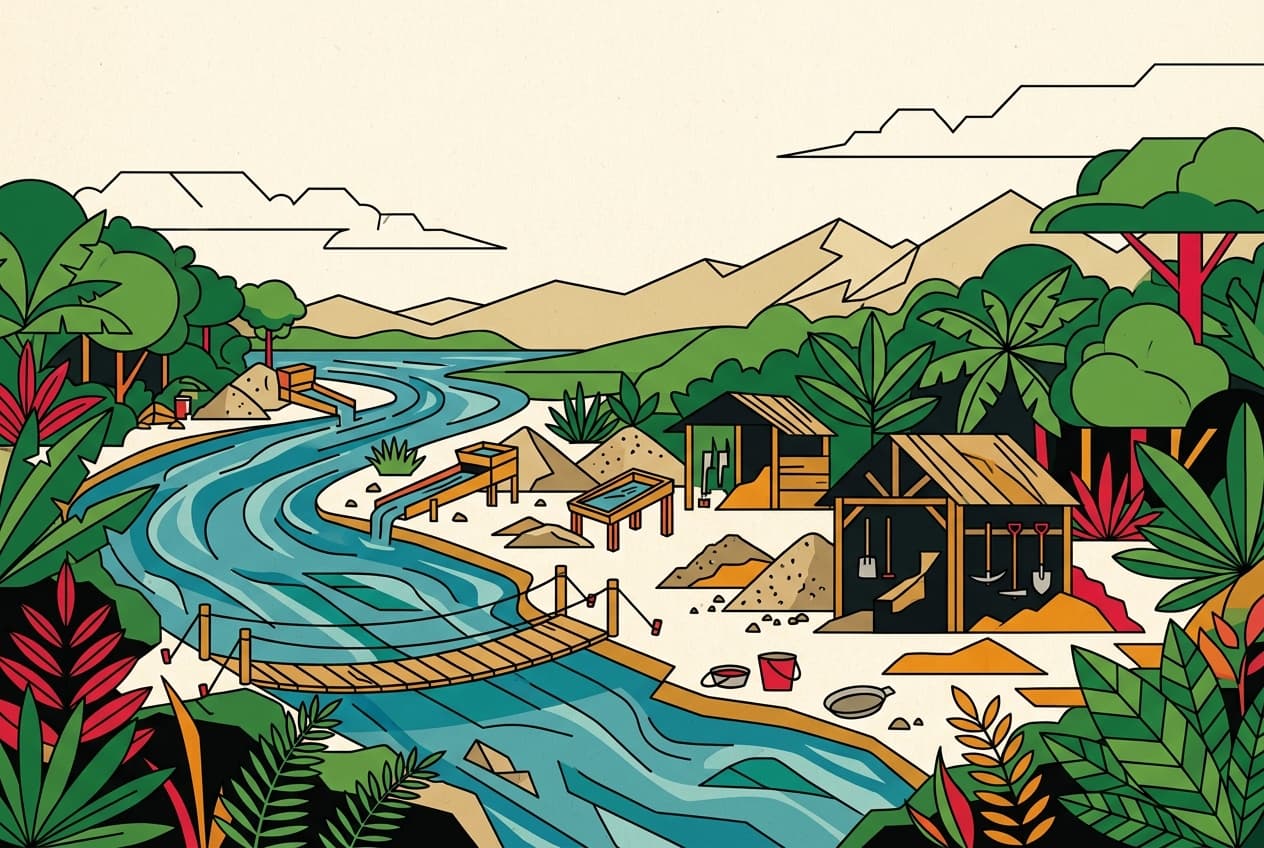 Illustration plate : Une mine artisanale rudimentaire en bord de rivière, au cœur d'une jungle dense. Des outils de fortune sont visibles, avec des reflets dorés dans le sable humide.
