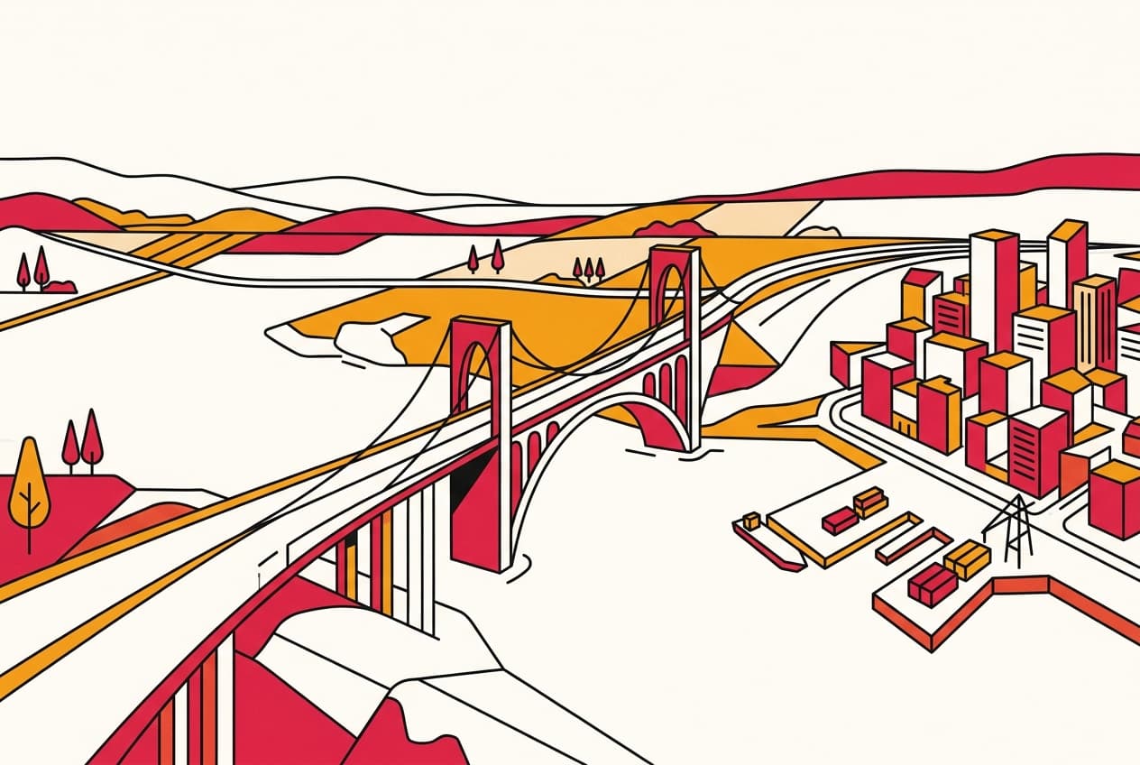 Planche d'illustration : autoroute, pont, port, ville, pays
